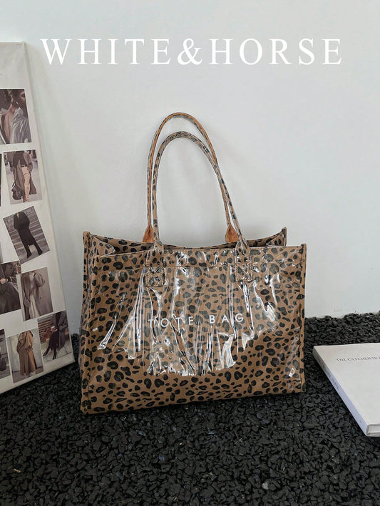Niche Design Leopard Print PVC Tote Bag For Women, New Large Capacity Handbag, Fashion Casual Commute Shoulder Bag