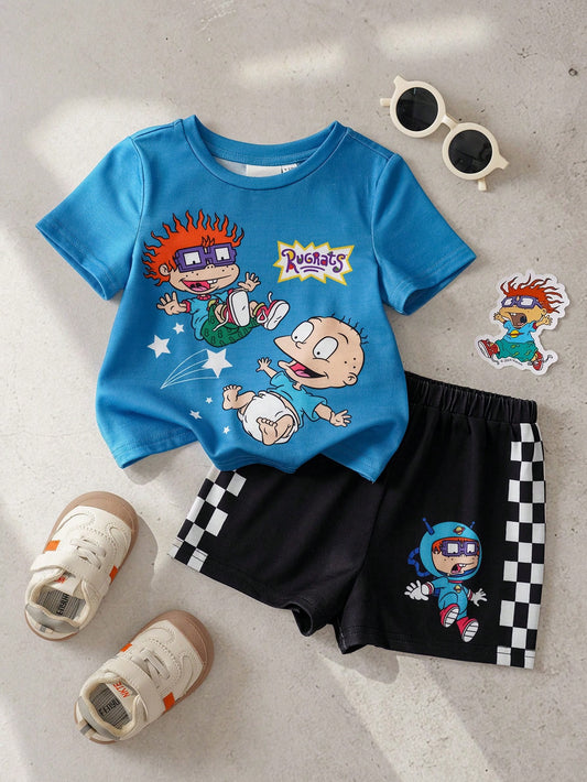 Nick 90s| Baby Boy Casual Cartoon Print Round Neck Short Sleeve T-Shirt And Shorts Set, Summer