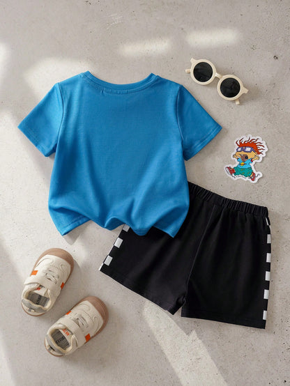 Nick 90s| Baby Boy Casual Cartoon Print Round Neck Short Sleeve T-Shirt And Shorts Set, Summer