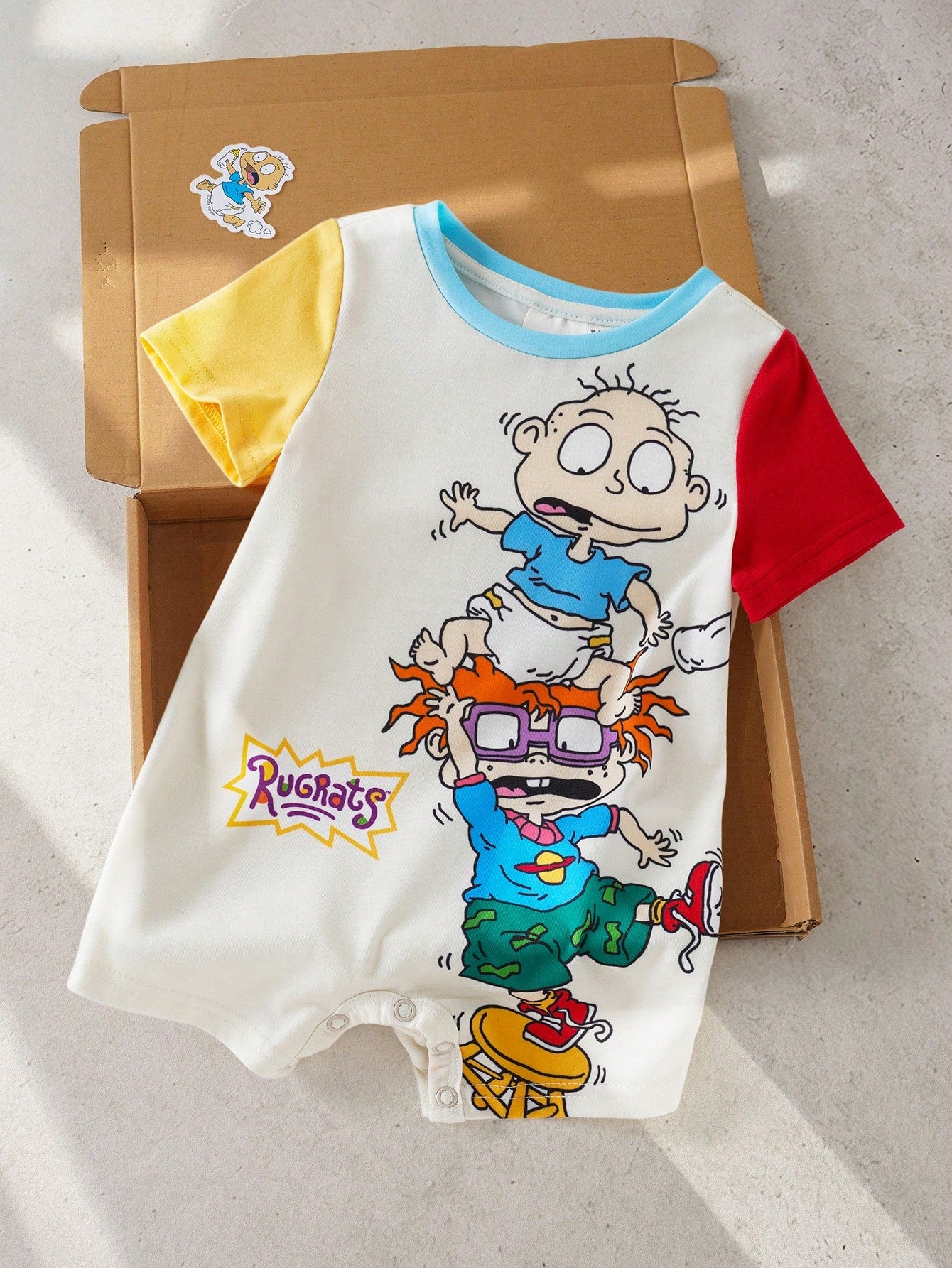 Nick 90s| Baby Boy Summer Casual Contrast Color Cartoon Portrait Pattern Round Neck Short Sleeve Romper
