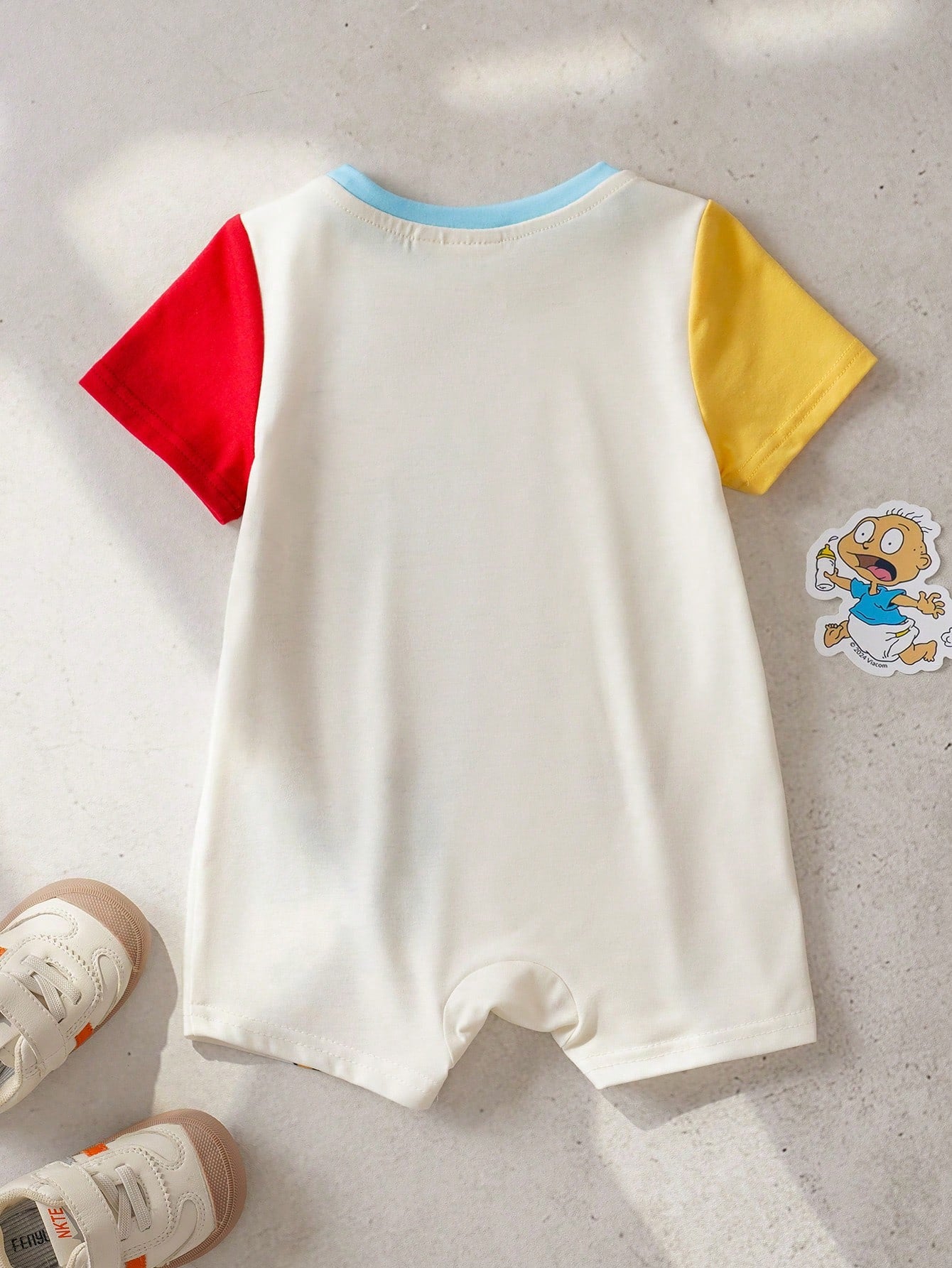 Nick 90s| Baby Boy Summer Casual Contrast Color Cartoon Portrait Pattern Round Neck Short Sleeve Romper