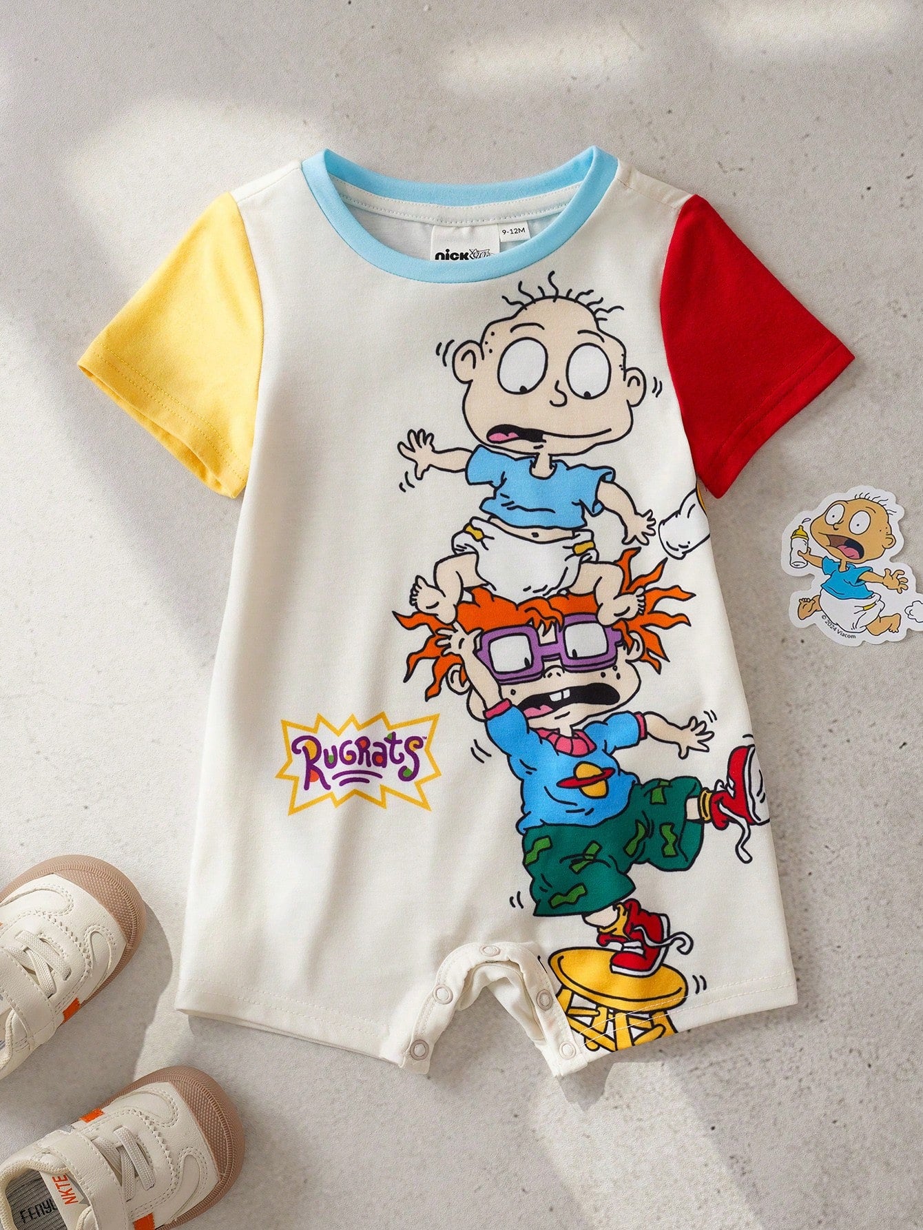 Nick 90s| Baby Boy Summer Casual Contrast Color Cartoon Portrait Pattern Round Neck Short Sleeve Romper