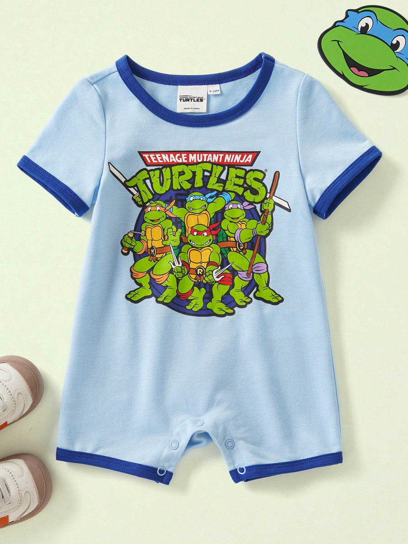 Nick 90s| Baby Boy Summer Casual Contrast Color Cartoon Portrait Pattern Round Neck Short Sleeve Romper