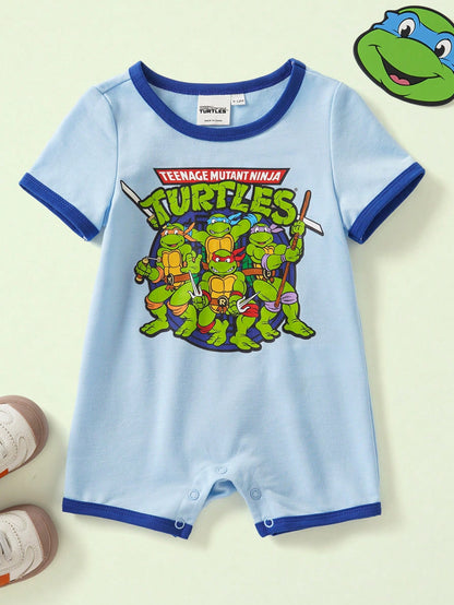 Nick 90s| Baby Boy Summer Casual Contrast Color Cartoon Portrait Pattern Round Neck Short Sleeve Romper