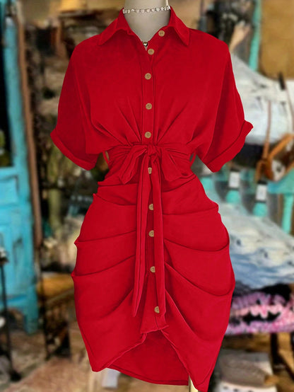 NostaNoir Collared Single-Breasted Tie-Waist Short Sleeve Shirt Dress