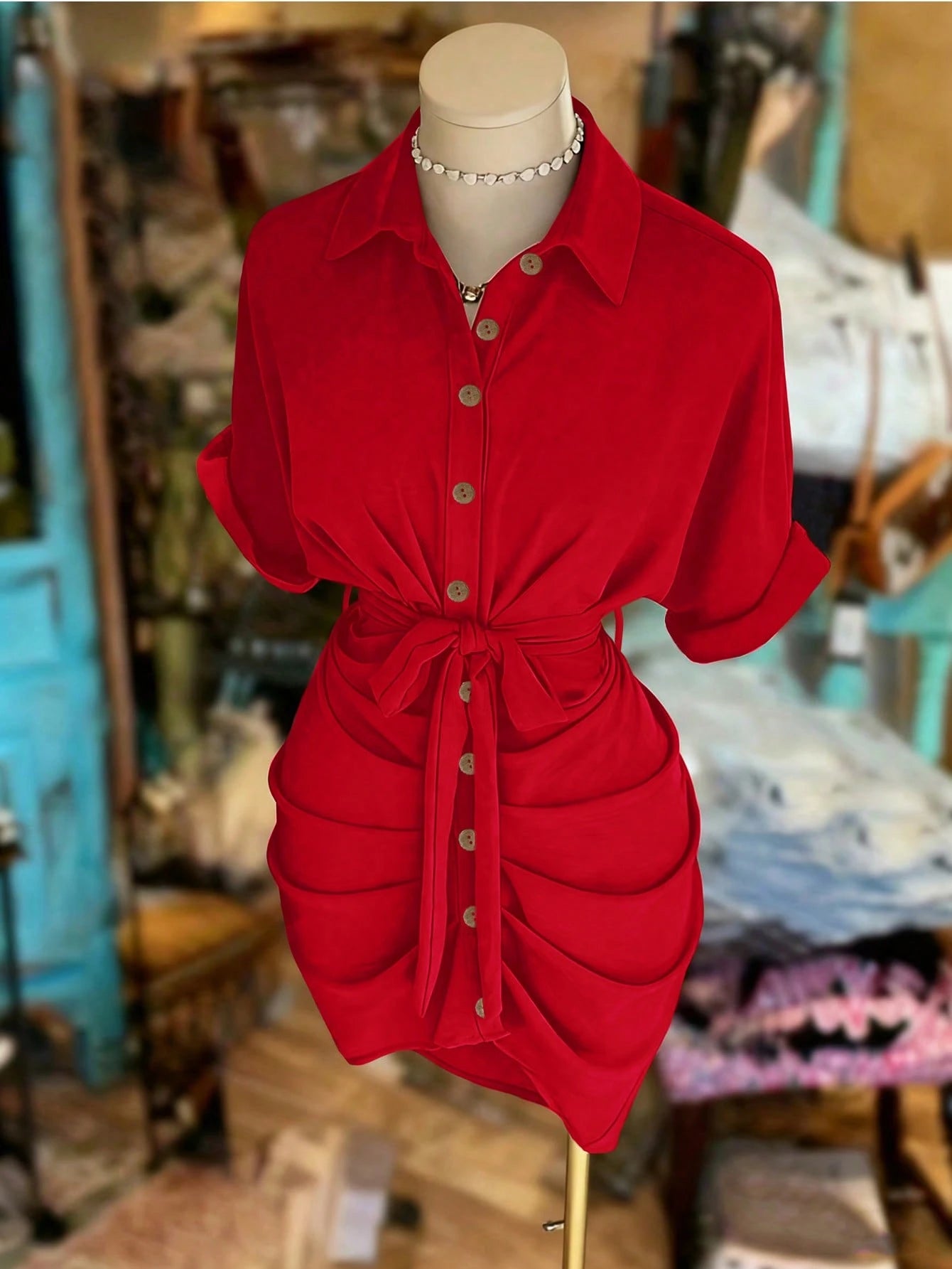 NostaNoir Collared Single-Breasted Tie-Waist Short Sleeve Shirt Dress