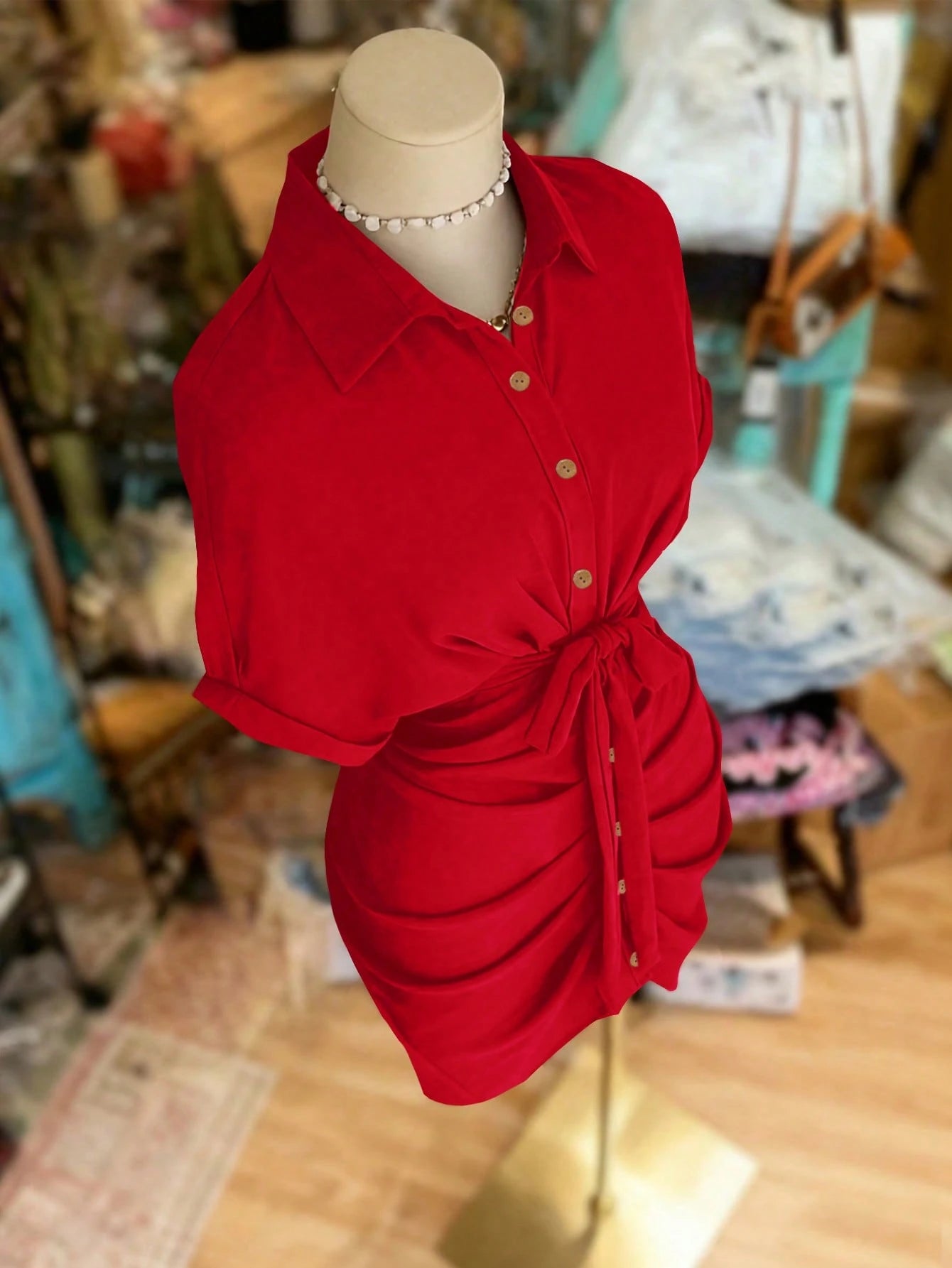 NostaNoir Collared Single-Breasted Tie-Waist Short Sleeve Shirt Dress