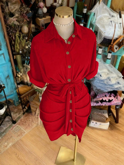 NostaNoir Collared Single-Breasted Tie-Waist Short Sleeve Shirt Dress