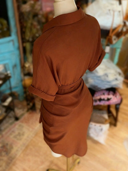 NostaNoir Collared Single-Breasted Tie-Waist Short Sleeve Shirt Dress