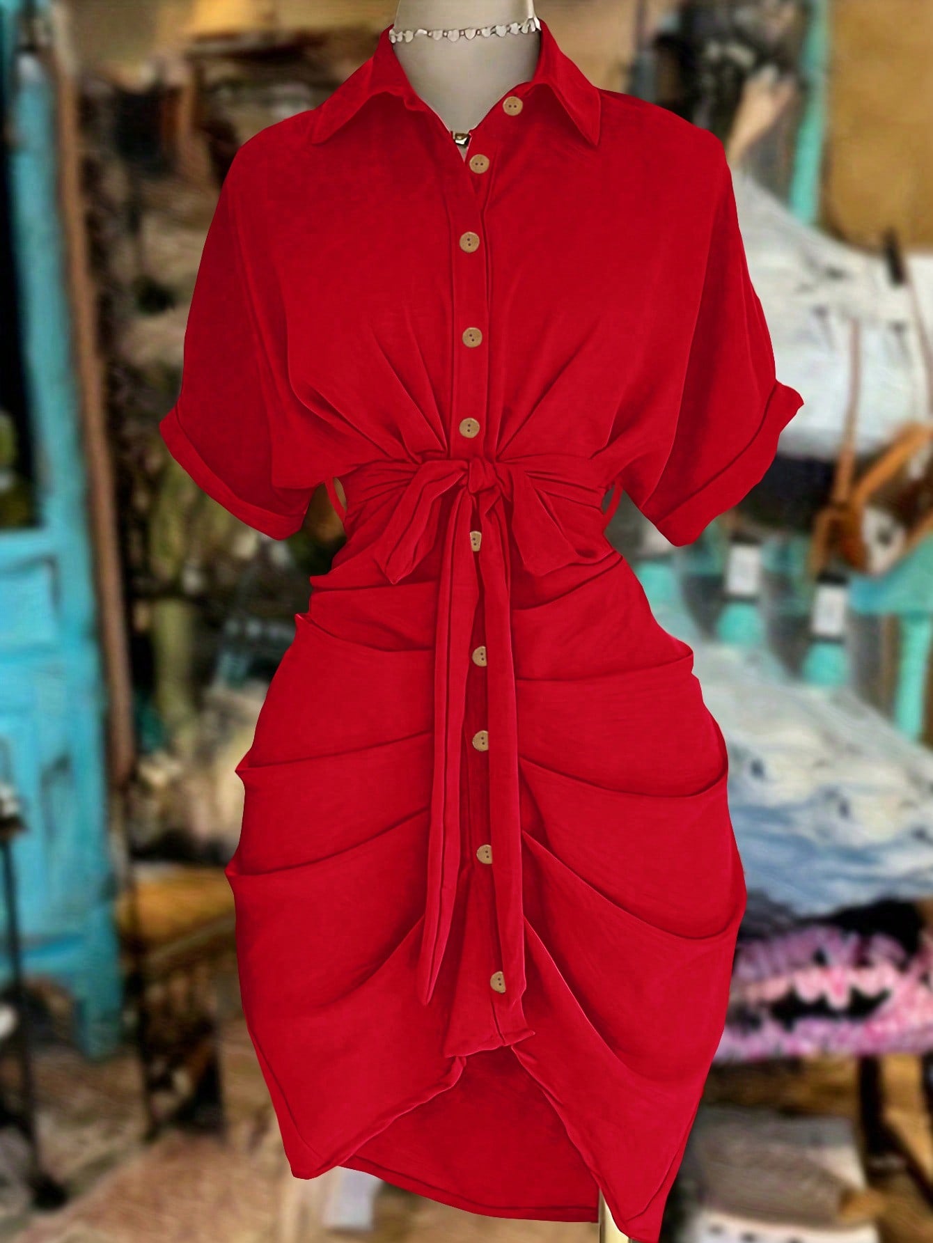 NostaNoir Collared Single-Breasted Tie-Waist Short Sleeve Shirt Dress