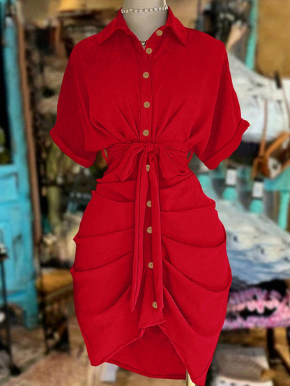 NostaNoir Collared Single-Breasted Tie-Waist Short Sleeve Shirt Dress