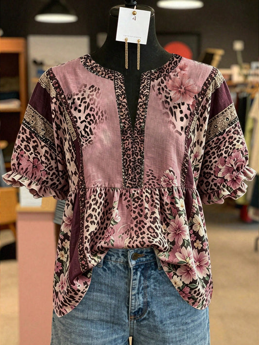 NostaNoir Plus Size Women's Leopard Print Floral Pattern Summer Blouse