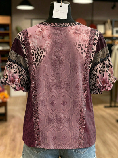 NostaNoir Plus Size Women's Leopard Print Floral Pattern Summer Blouse