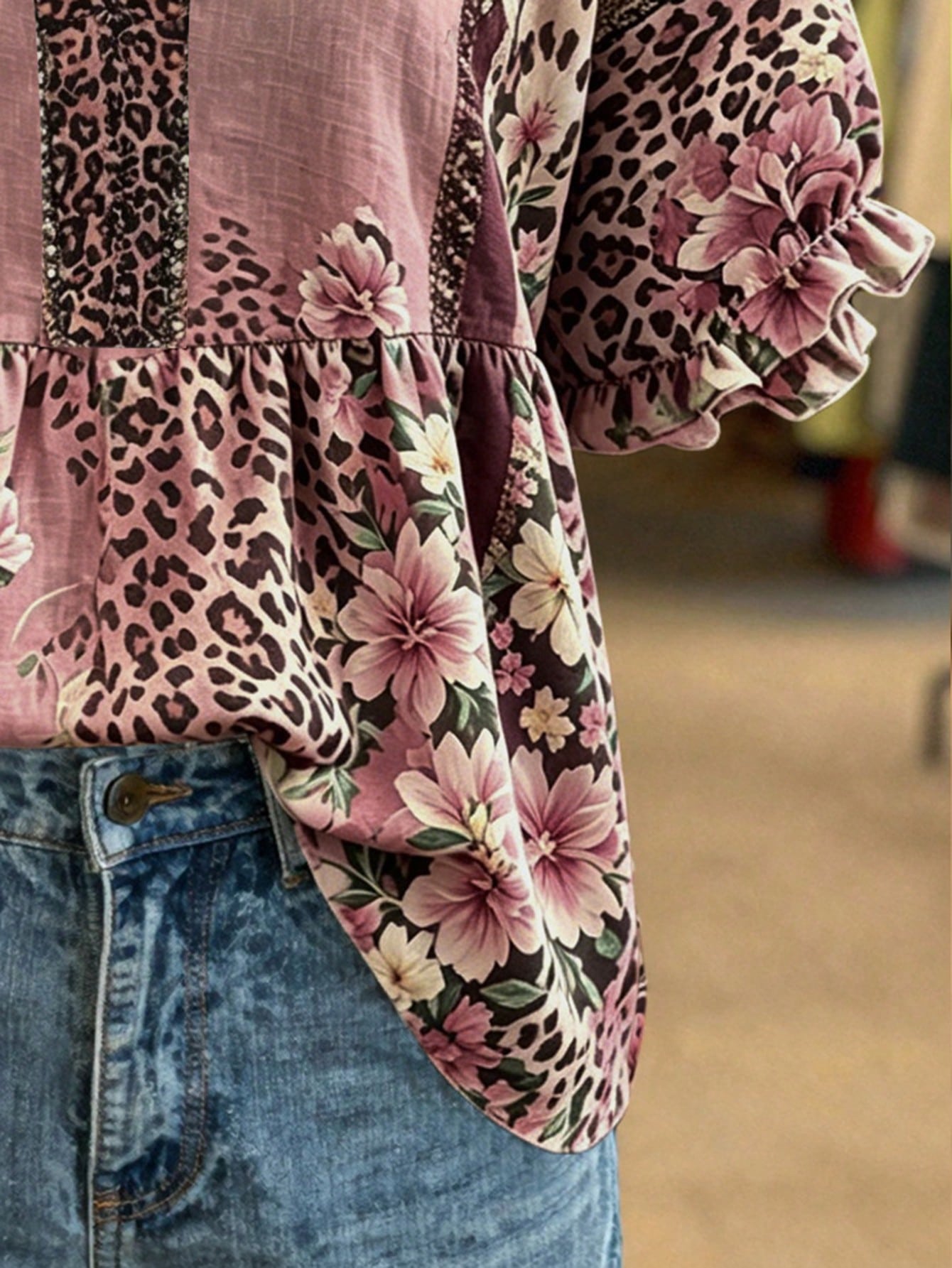 NostaNoir Plus Size Women's Leopard Print Floral Pattern Summer Blouse
