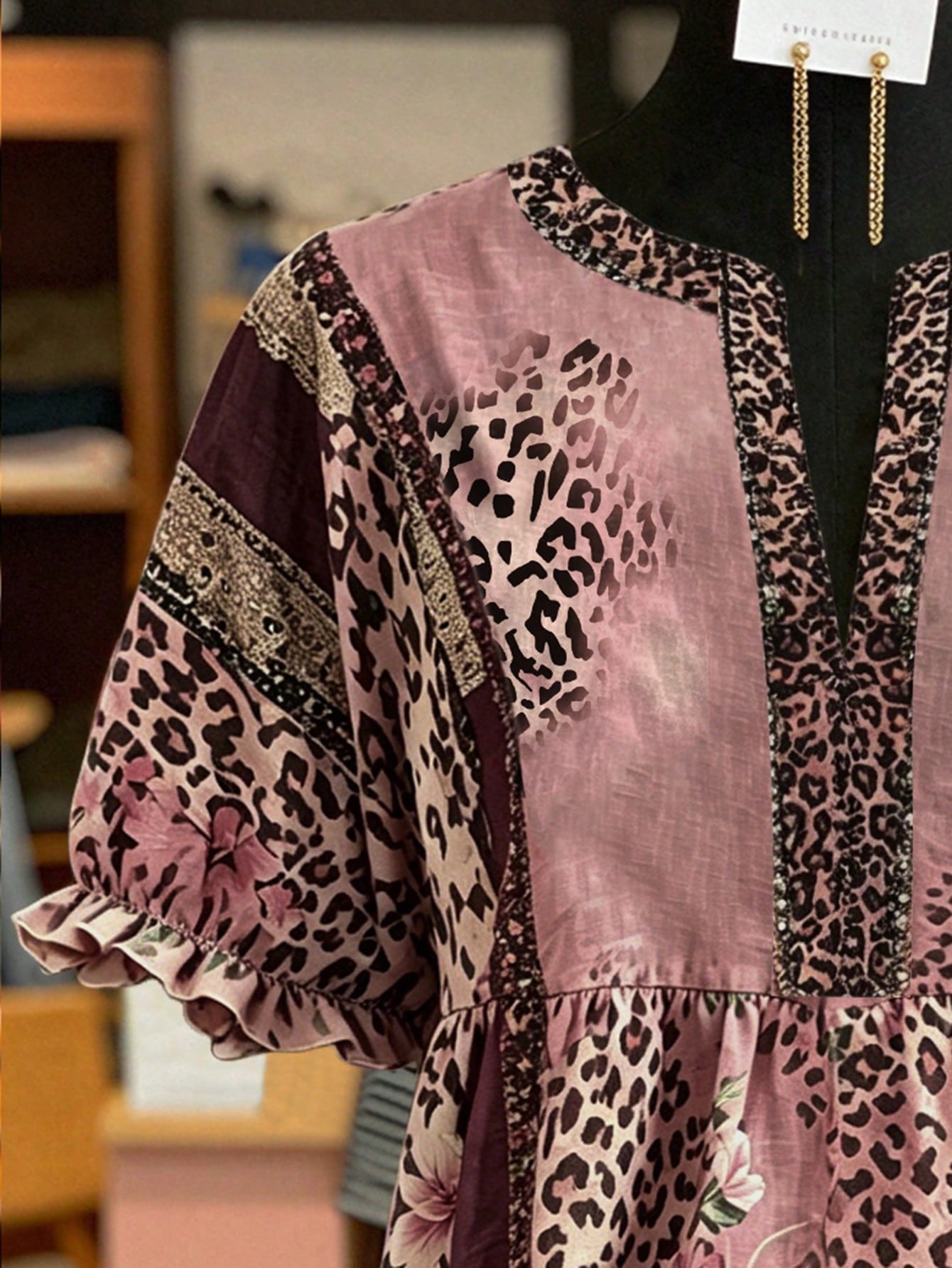 NostaNoir Plus Size Women's Leopard Print Floral Pattern Summer Blouse