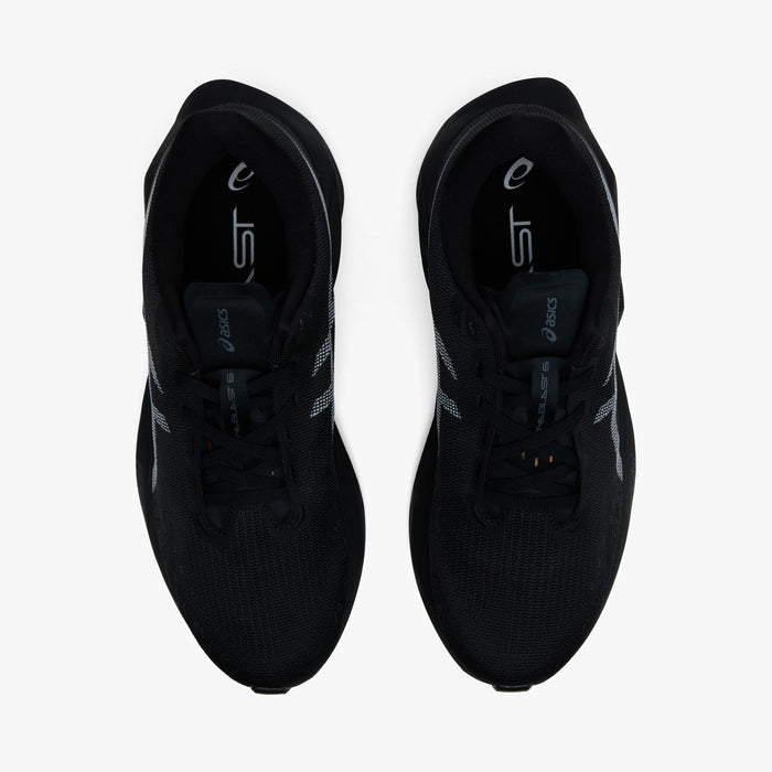 ASICS NOVABLAST 6. Top view of black running shoes showing black laces, padded tongues and tonal insoles.