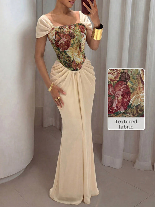 NOVVYNE Beige,Summer,Elegant,Dining Floral Jacquard Corset Mermaid Maxi Gown Square Neck Off-Shoulder Ruched Draped Waist Floor-Length Luxury Vintage Evening