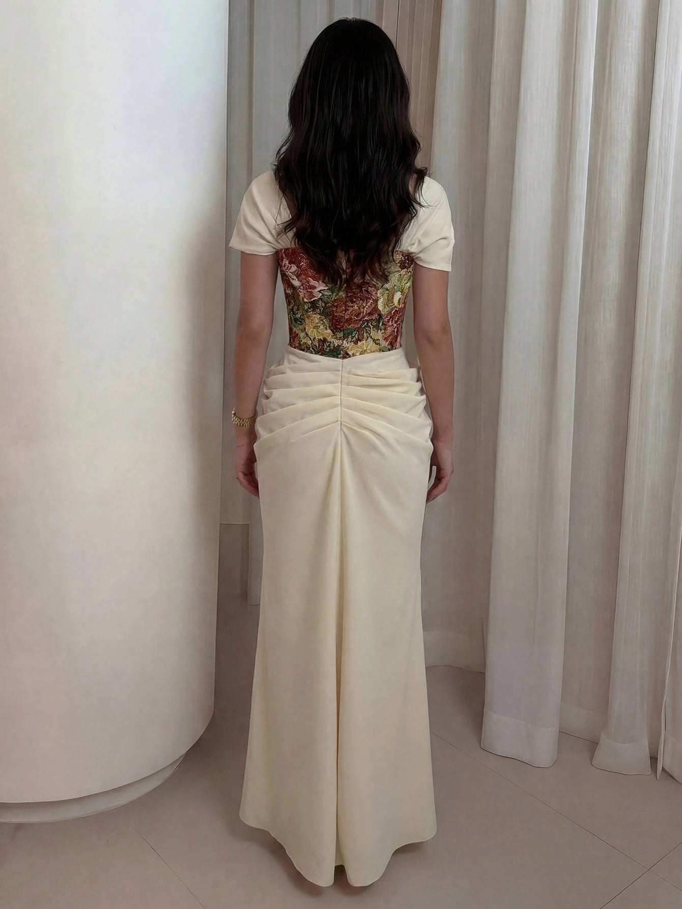 NOVVYNE Beige,Summer,Elegant,Dining Floral Jacquard Corset Mermaid Maxi Gown Square Neck Off-Shoulder Ruched Draped Waist Floor-Length Luxury Vintage Evening