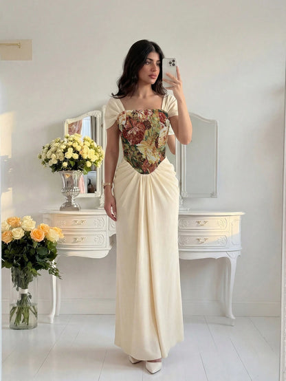 NOVVYNE Beige,Summer,Elegant,Dining Floral Jacquard Corset Mermaid Maxi Gown Square Neck Off-Shoulder Ruched Draped Waist Floor-Length Luxury Vintage Evening