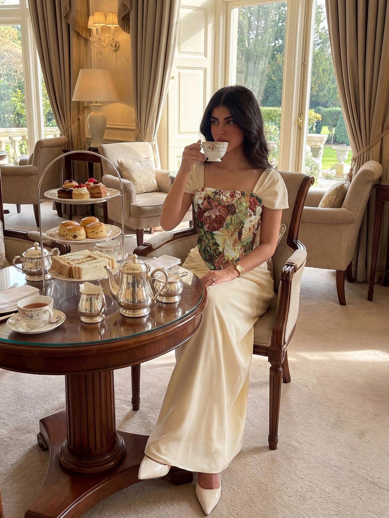 NOVVYNE Beige,Summer,Elegant,Dining Floral Jacquard Corset Mermaid Maxi Gown Square Neck Off-Shoulder Ruched Draped Waist Floor-Length Luxury Vintage Evening