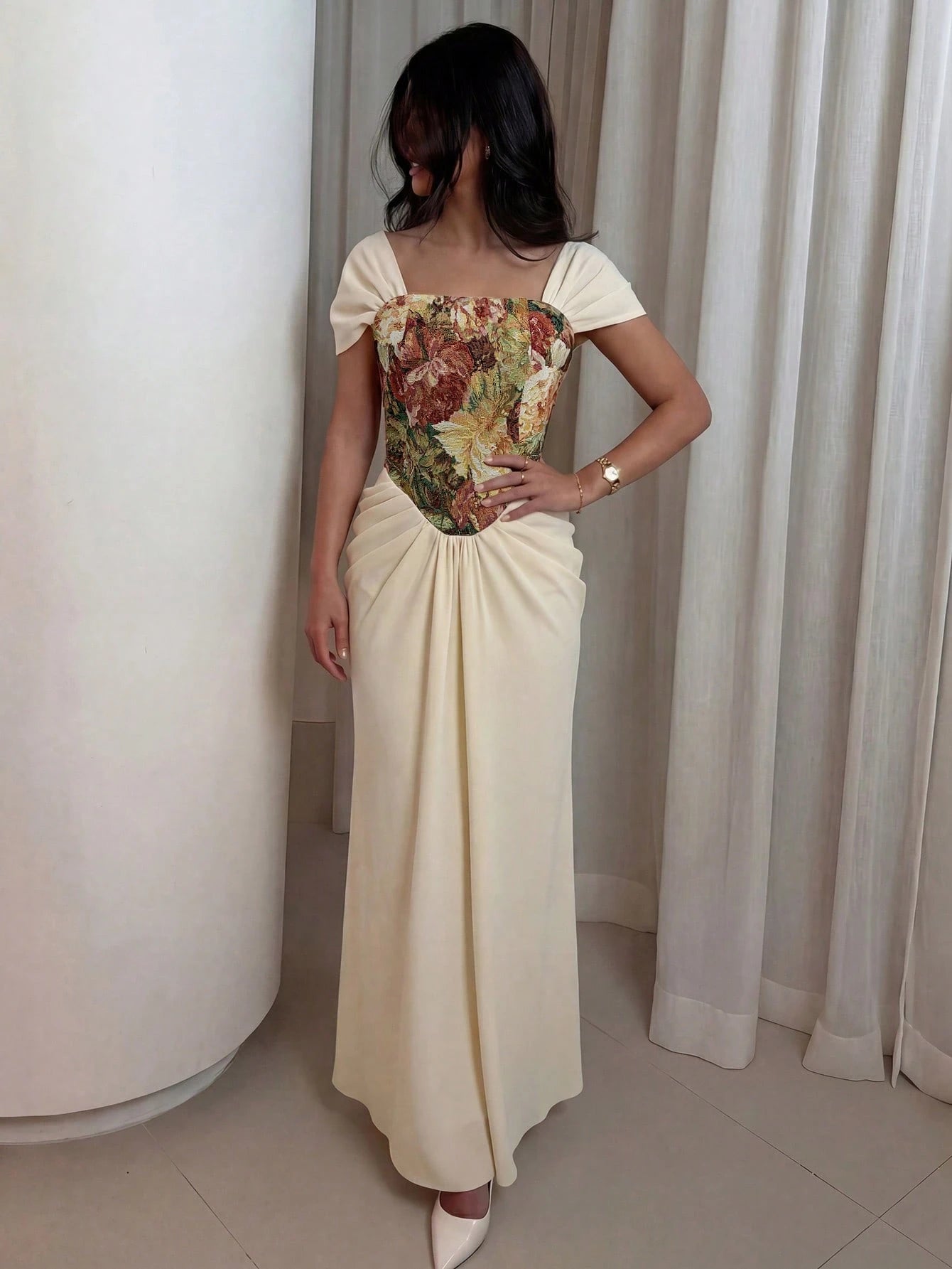 NOVVYNE Beige,Summer,Elegant,Dining Floral Jacquard Corset Mermaid Maxi Gown Square Neck Off-Shoulder Ruched Draped Waist Floor-Length Luxury Vintage Evening