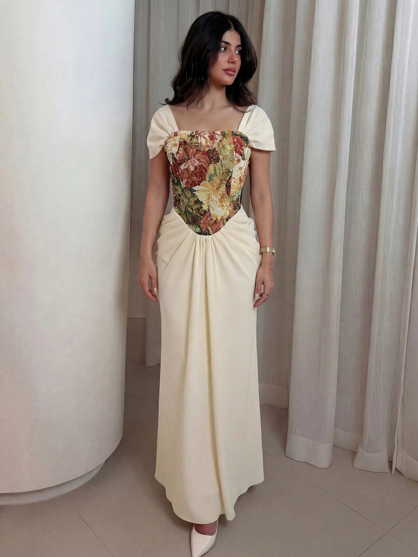 NOVVYNE Beige,Summer,Elegant,Dining Floral Jacquard Corset Mermaid Maxi Gown Square Neck Off-Shoulder Ruched Draped Waist Floor-Length Luxury Vintage Evening
