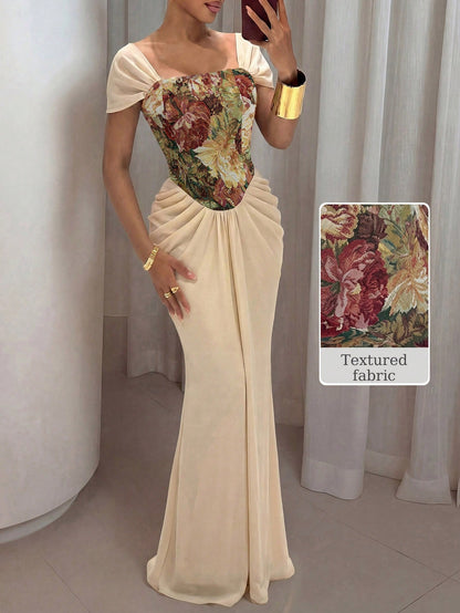 NOVVYNE Beige,Summer,Elegant,Dining Floral Jacquard Corset Mermaid Maxi Gown Square Neck Off-Shoulder Ruched Draped Waist Floor-Length Luxury Vintage Evening