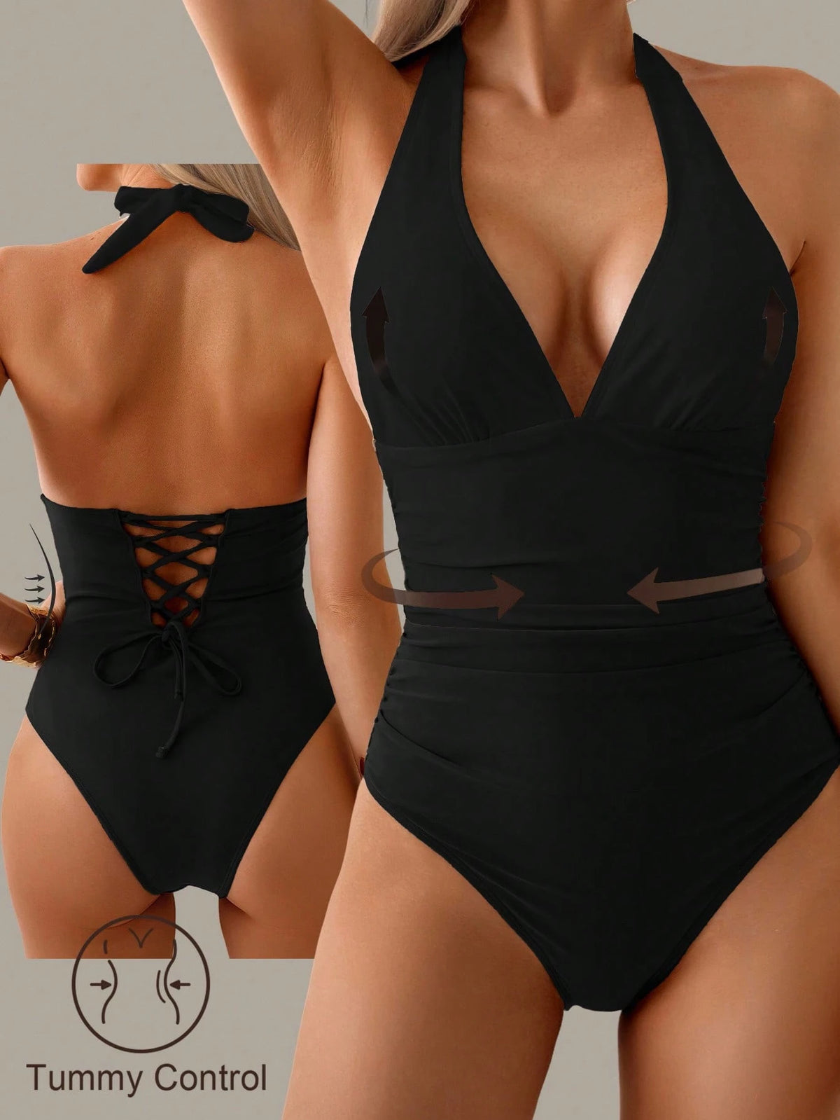 Nuvra 1pc Tummy Control Swimsuit, Color Block Patchwork Halter Backless Tie Swimwear