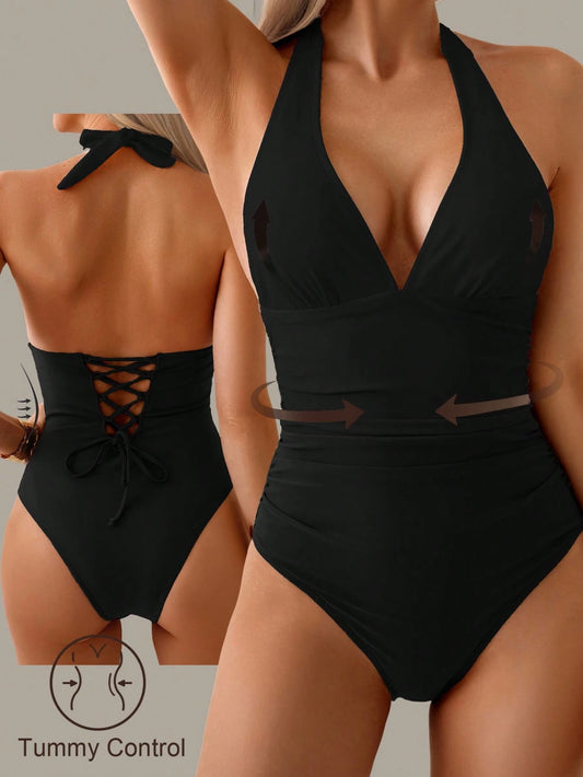 Nuvra 1pc Tummy Control Swimsuit, Color Block Patchwork Halter Backless Tie Swimwear