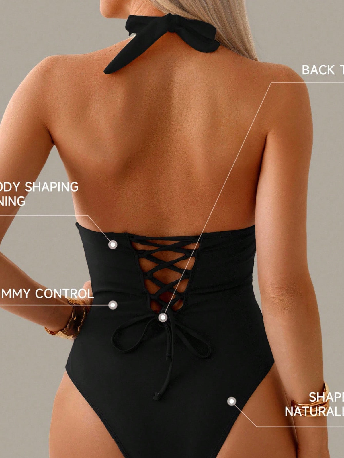 Nuvra 1pc Tummy Control Swimsuit, Color Block Patchwork Halter Backless Tie Swimwear