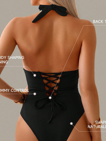 Nuvra 1pc Tummy Control Swimsuit, Color Block Patchwork Halter Backless Tie Swimwear