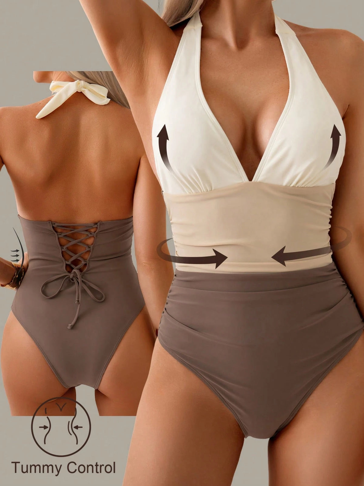 Nuvra 1pc Tummy Control Swimsuit, Color Block Patchwork Halter Backless Tie Swimwear
