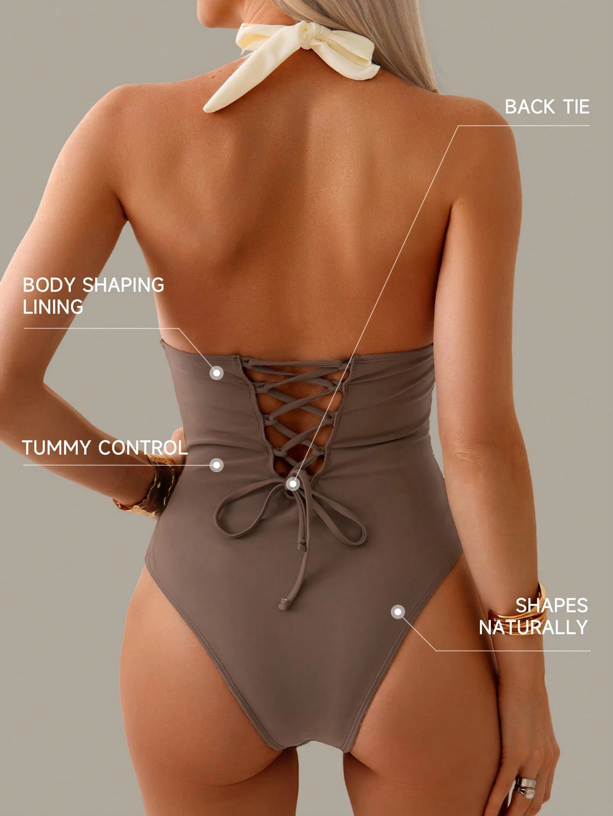 Nuvra 1pc Tummy Control Swimsuit, Color Block Patchwork Halter Backless Tie Swimwear