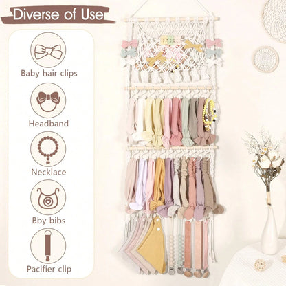 Oaoleer 1PC Headband Holder Hair Bow Organizer For Girls, Macrame Bow Holder Hair Accessories Organizer Storage Large Capacity Wall Hanging