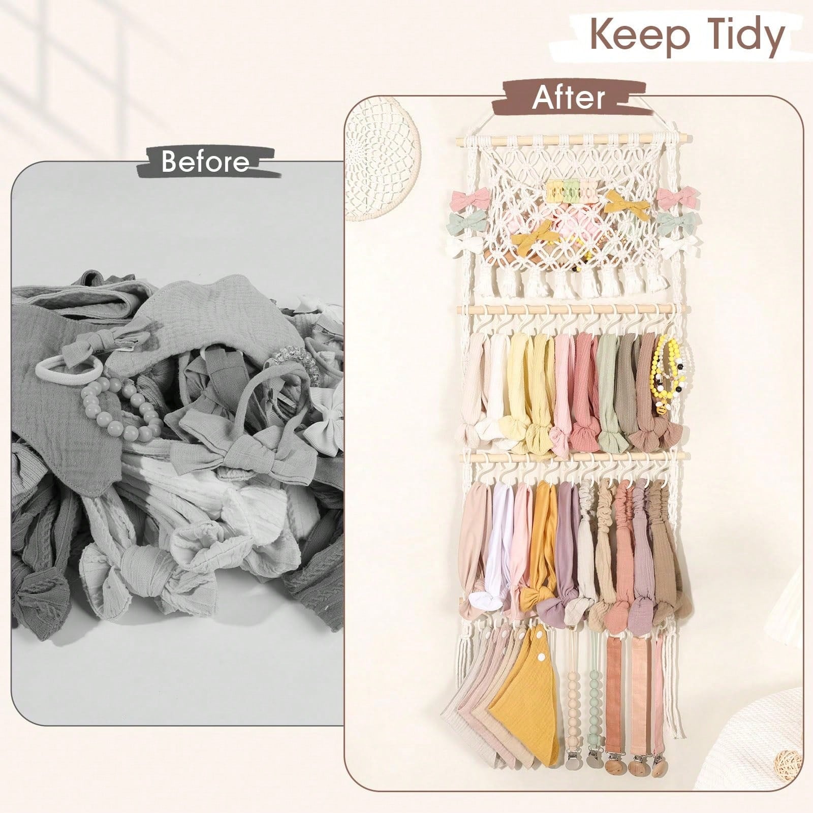 Oaoleer 1PC Headband Holder Hair Bow Organizer For Girls, Macrame Bow Holder Hair Accessories Organizer Storage Large Capacity Wall Hanging
