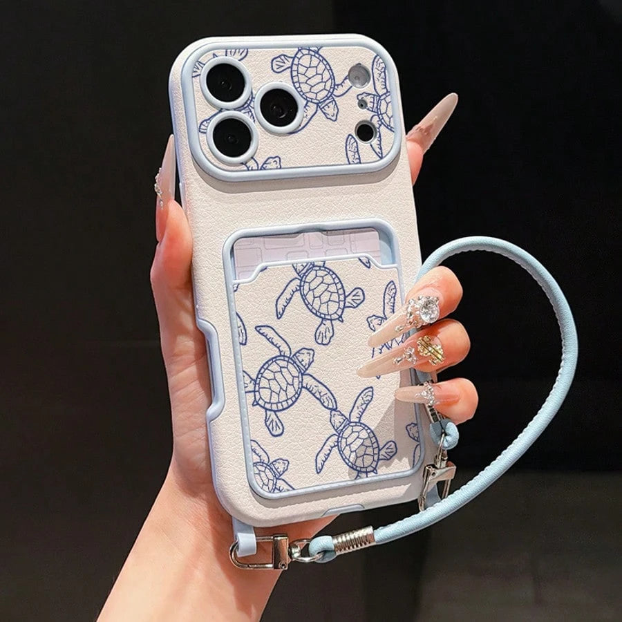 Ocean Element Turtle Pattern Lychee Texture Card Holder Phone Case With Lanyard, Anti-Drop Protective Cover, Compatible With Apple 11, 12, 13, 14, 12PROMAX, 13PROMAX, 15, 15PRO, 15PLUS, 15PROMAX, 16
