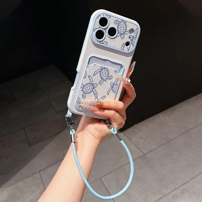 Ocean Element Turtle Pattern Lychee Texture Card Holder Phone Case With Lanyard, Anti-Drop Protective Cover, Compatible With Apple 11, 12, 13, 14, 12PROMAX, 13PROMAX, 15, 15PRO, 15PLUS, 15PROMAX, 16