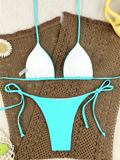 Oceva Women's Summer Beach Solid Color Halter Neck Tie Sexy Fashion Bikini Two-Piece Swimsuit Set
