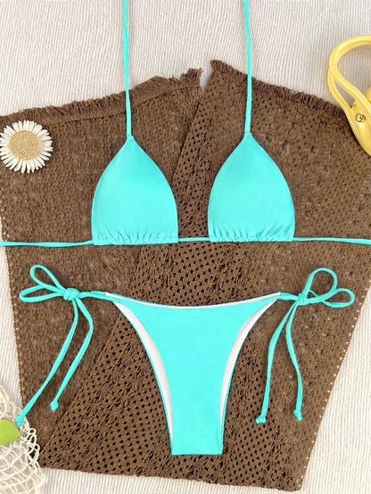 Oceva Women's Summer Beach Solid Color Halter Neck Tie Sexy Fashion Bikini Two-Piece Swimsuit Set