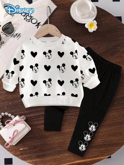 [Official Disney Licensed]Disney Mickey Mouse 2Pcs Spring/Autumn Baby Boy Long Pants Set, Cute Cartoon Mickey Heart Print Crew Neck Sweatshirt + Elastic Waist Mickey Head Print Slightly Stretchy Long