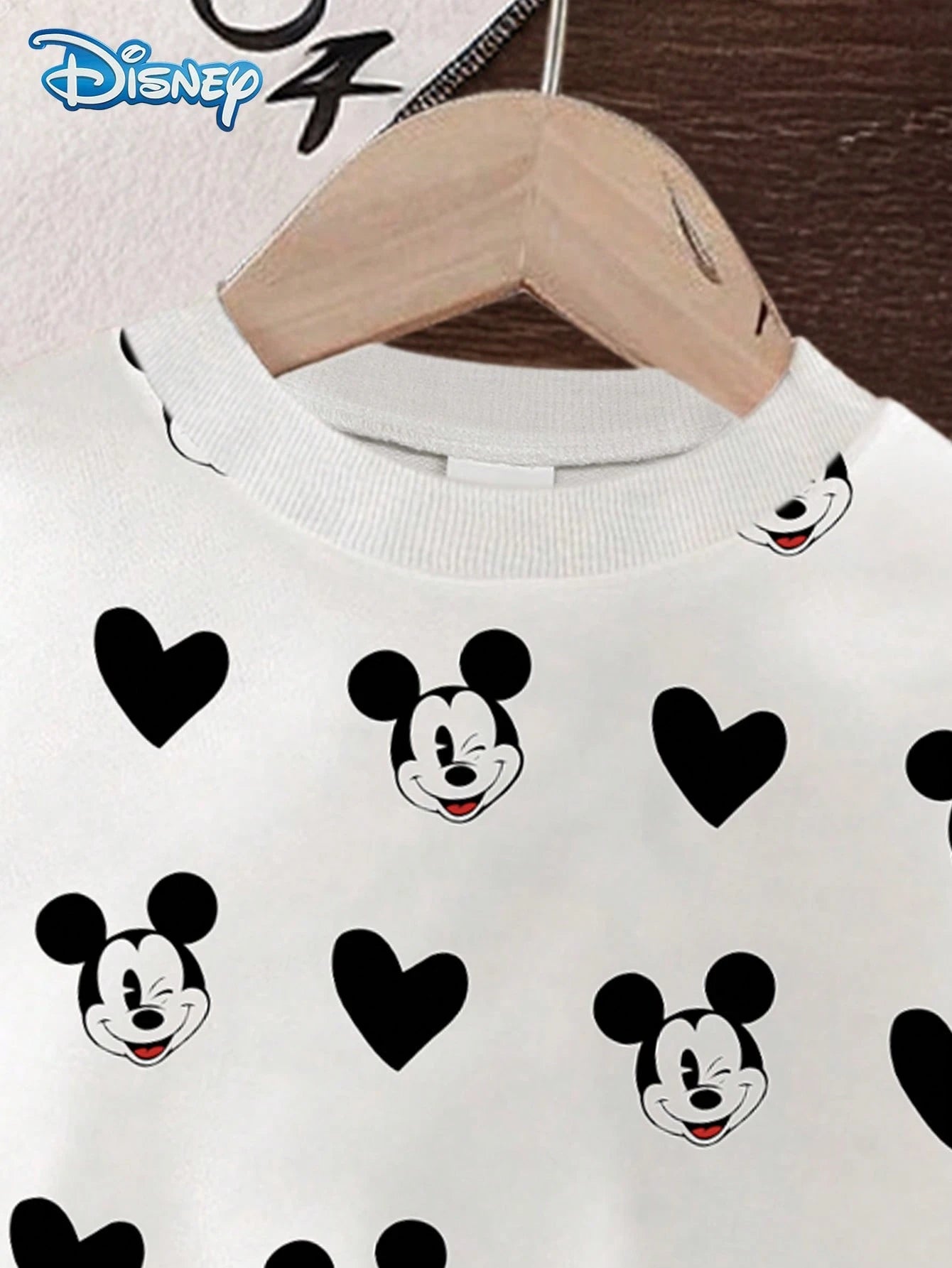 [Official Disney Licensed]Disney Mickey Mouse 2Pcs Spring/Autumn Baby Boy Long Pants Set, Cute Cartoon Mickey Heart Print Crew Neck Sweatshirt + Elastic Waist Mickey Head Print Slightly Stretchy Long