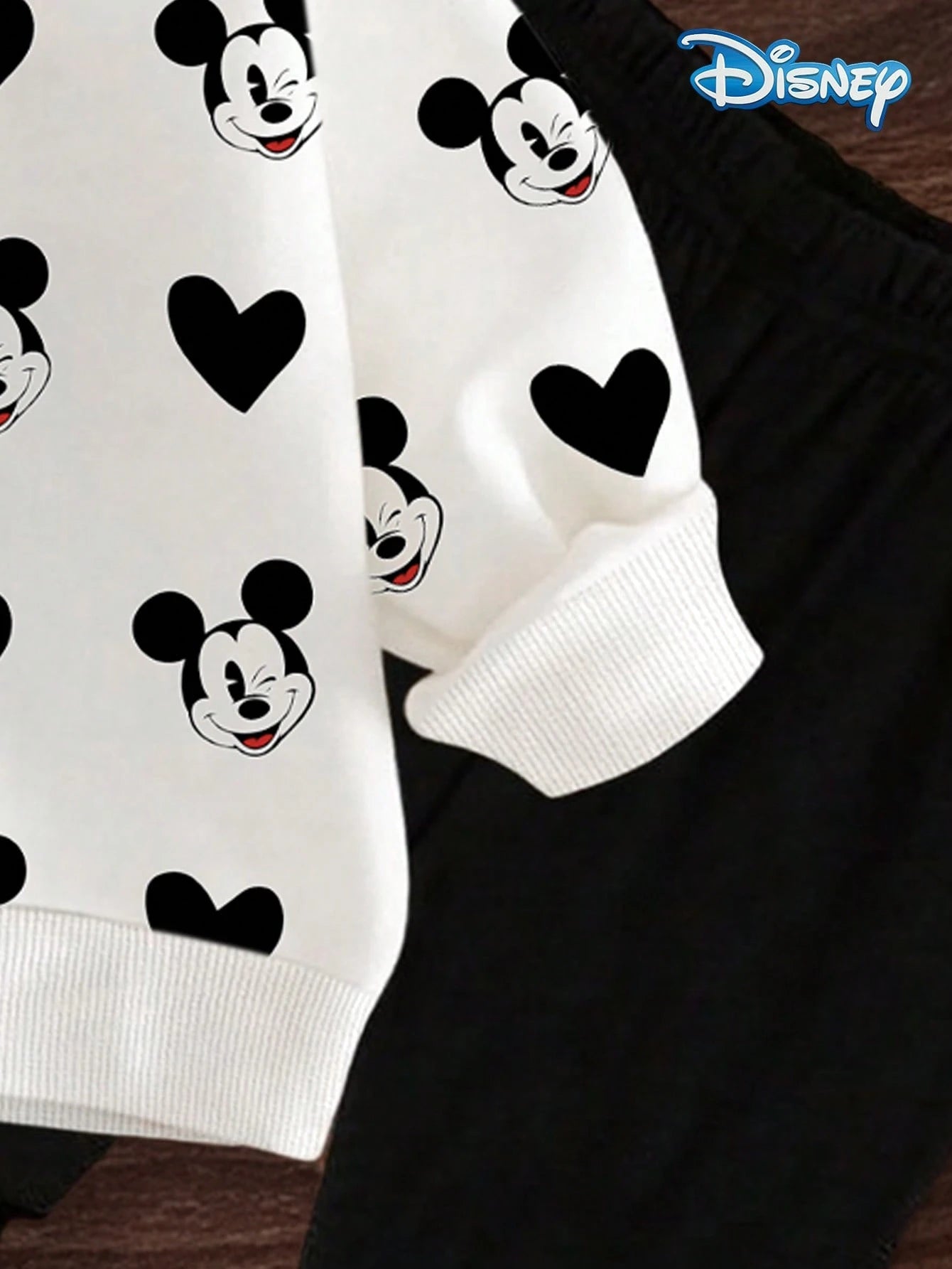 [Official Disney Licensed]Disney Mickey Mouse 2Pcs Spring/Autumn Baby Boy Long Pants Set, Cute Cartoon Mickey Heart Print Crew Neck Sweatshirt + Elastic Waist Mickey Head Print Slightly Stretchy Long