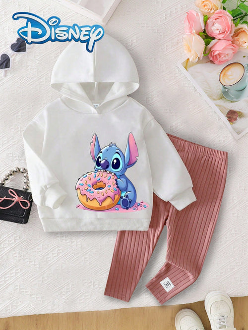[Official Disney Licensed]Disney Stitch Cute Long Sleeve Hoodie & Pants Set For Baby Girls, Autumn/Winter Newborn Infant, With Stitch Cartoon Pattern, Slightly Elastic, Suitable For Daily Wear, Great