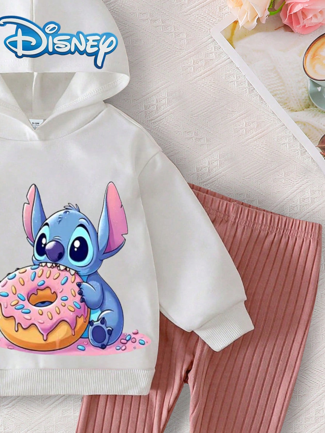 [Official Disney Licensed]Disney Stitch Cute Long Sleeve Hoodie & Pants Set For Baby Girls, Autumn/Winter Newborn Infant, With Stitch Cartoon Pattern, Slightly Elastic, Suitable For Daily Wear, Great