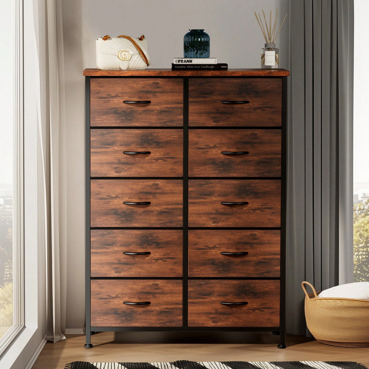 OLIXIS Dressers Bedroom Furniture,Tall Black Dresser For Bedroom With 10 Drawers, Chest Of Drawers, Storage Organizer Unit With Fabric Bins For Closet, Hallway, Living Room, Entryway