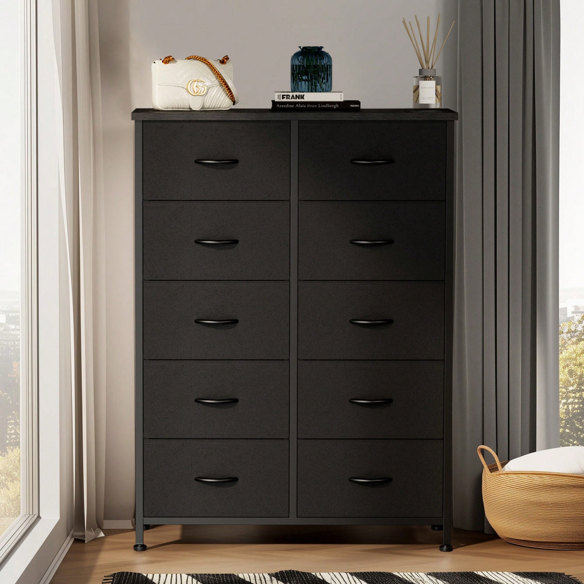 OLIXIS Tall Black Dresser For Bedroom With 10 Drawers, Chest Of Drawers, Dressers Bedroom Furniture, Storage Organizer Unit With Fabric Bins For Closet, Hallway, Living Room, Entryway