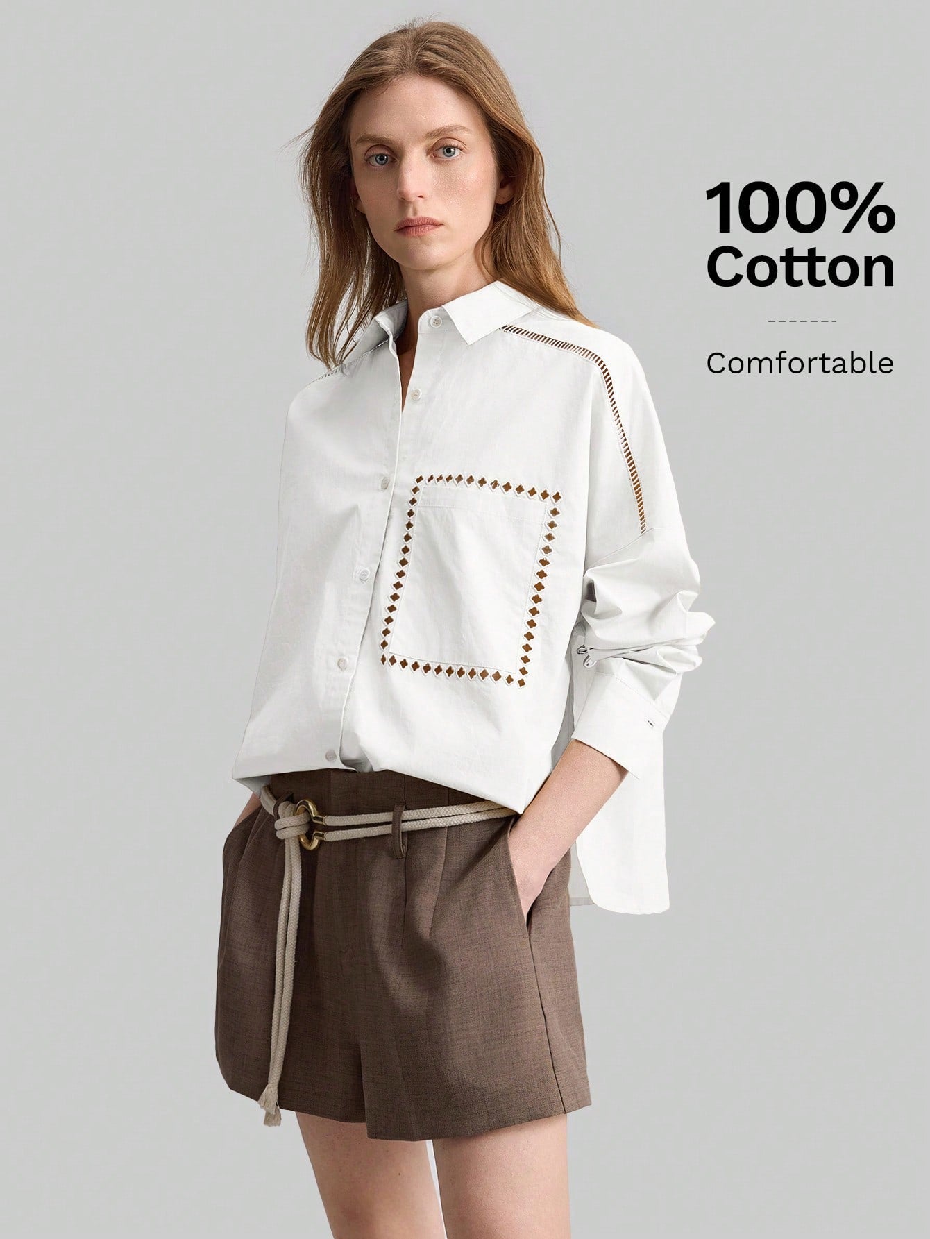 Ontre 2026SS Stockholm Style Chic Women's White Long Sleeve Embroidered Blouse,Summer Brunch Hollow Design Loose Collared Top,White And Brown