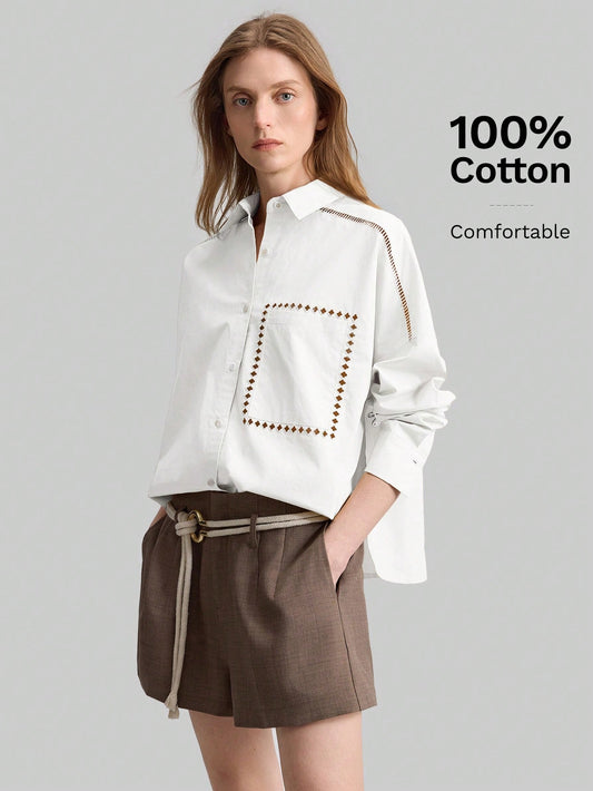 Ontre 2026SS Stockholm Style Chic Women's White Long Sleeve Embroidered Blouse,Summer Brunch Hollow Design Loose Collared Top,White And Brown