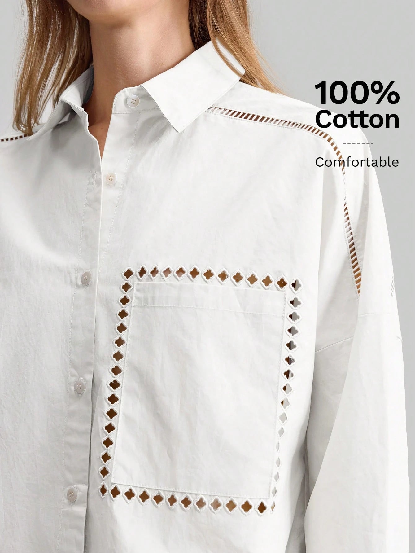 Ontre 2026SS Stockholm Style Chic Women's White Long Sleeve Embroidered Blouse,Summer Brunch Hollow Design Loose Collared Top,White And Brown