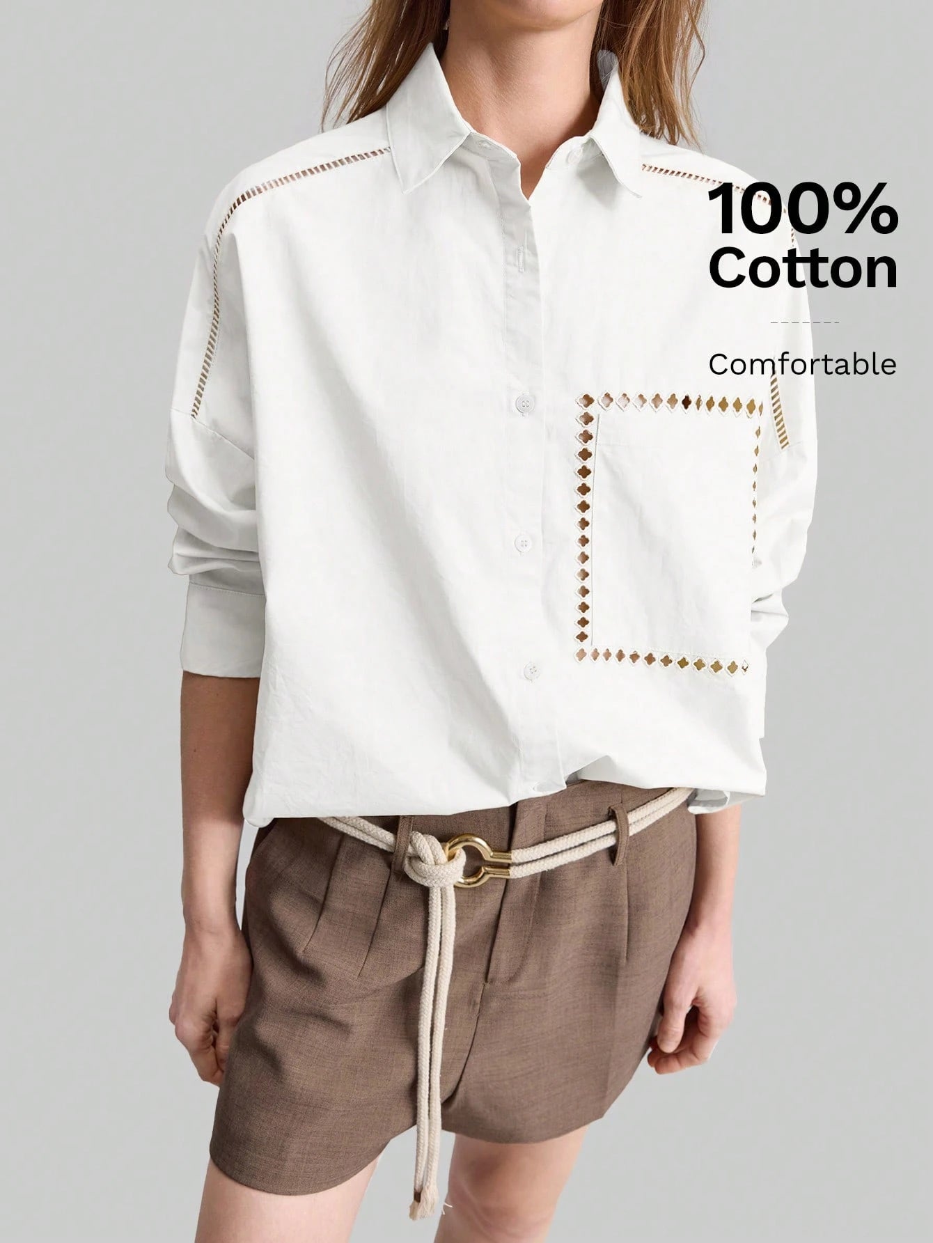 Ontre 2026SS Stockholm Style Chic Women's White Long Sleeve Embroidered Blouse,Summer Brunch Hollow Design Loose Collared Top,White And Brown